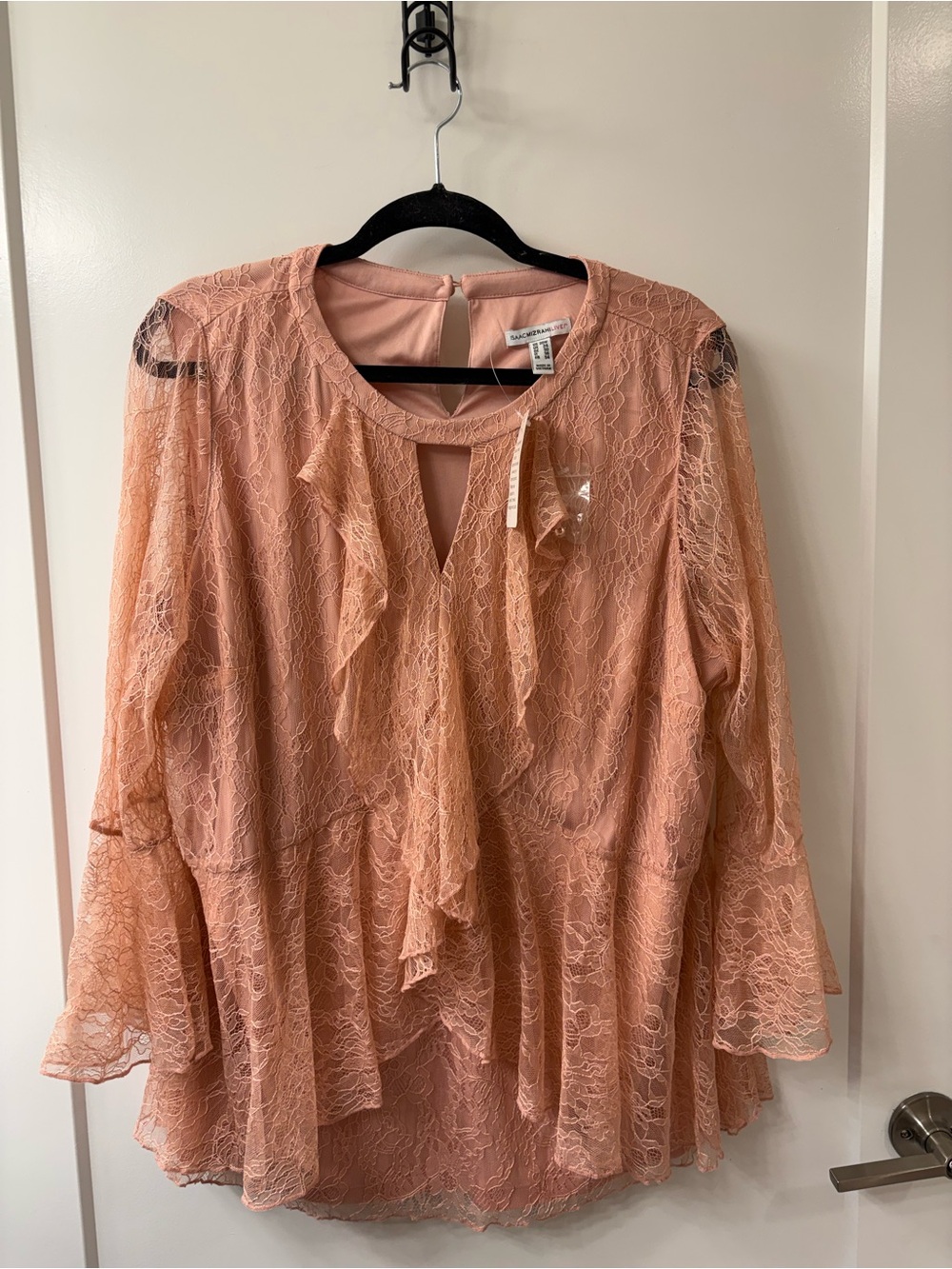 NWT ISAAC MIZRAHI LIVE! BLUSH PINK CHANTILLY LACE RUFFLE TOP SZ 20W
